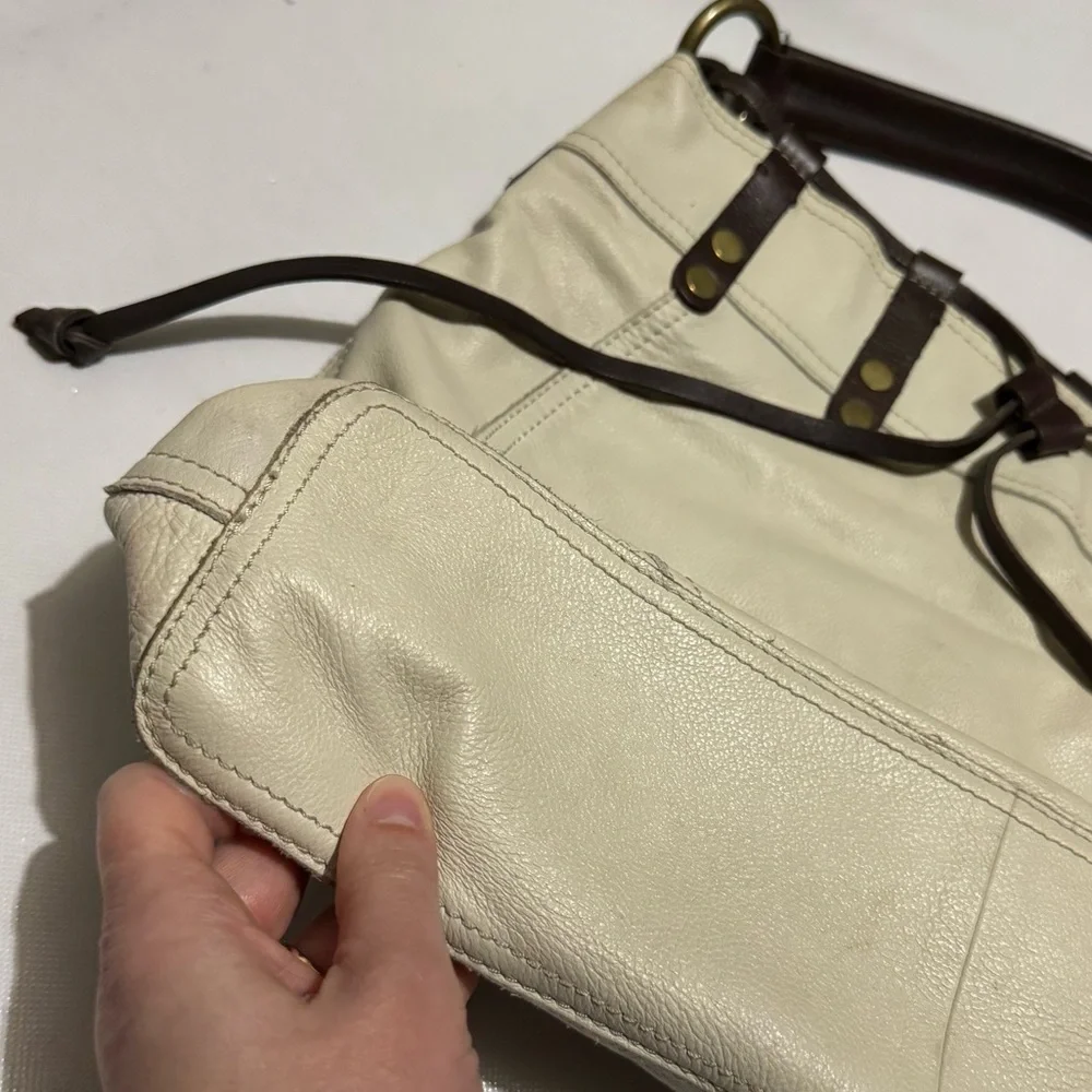 Lucky Brand‎ Cream Brown Leather Large Slouch Shoulder Bag Tote Western Boho